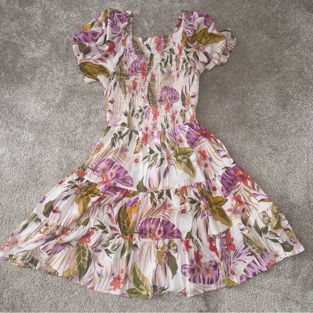 Angie - Floral Purple Green Pink Dress Stretch Top Flowy Floral Casual - XL - Picture 3 of 4